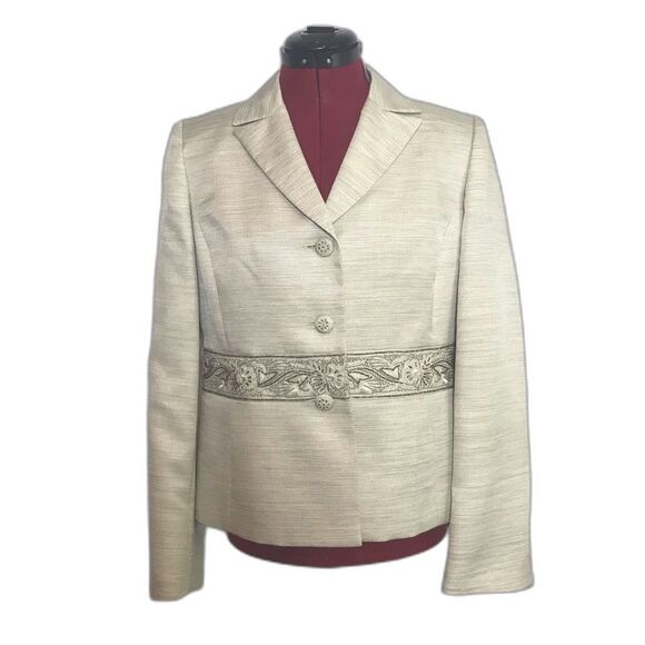 Kasper Cream Blazer Women's Size 8 Gold Beading Detail Long Sleeves 3-Button - Picture 1 of 11